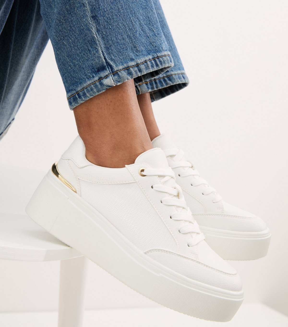 New Look Women's White Textured Faux Leather Wedge Trainers Vegan New Look - 2