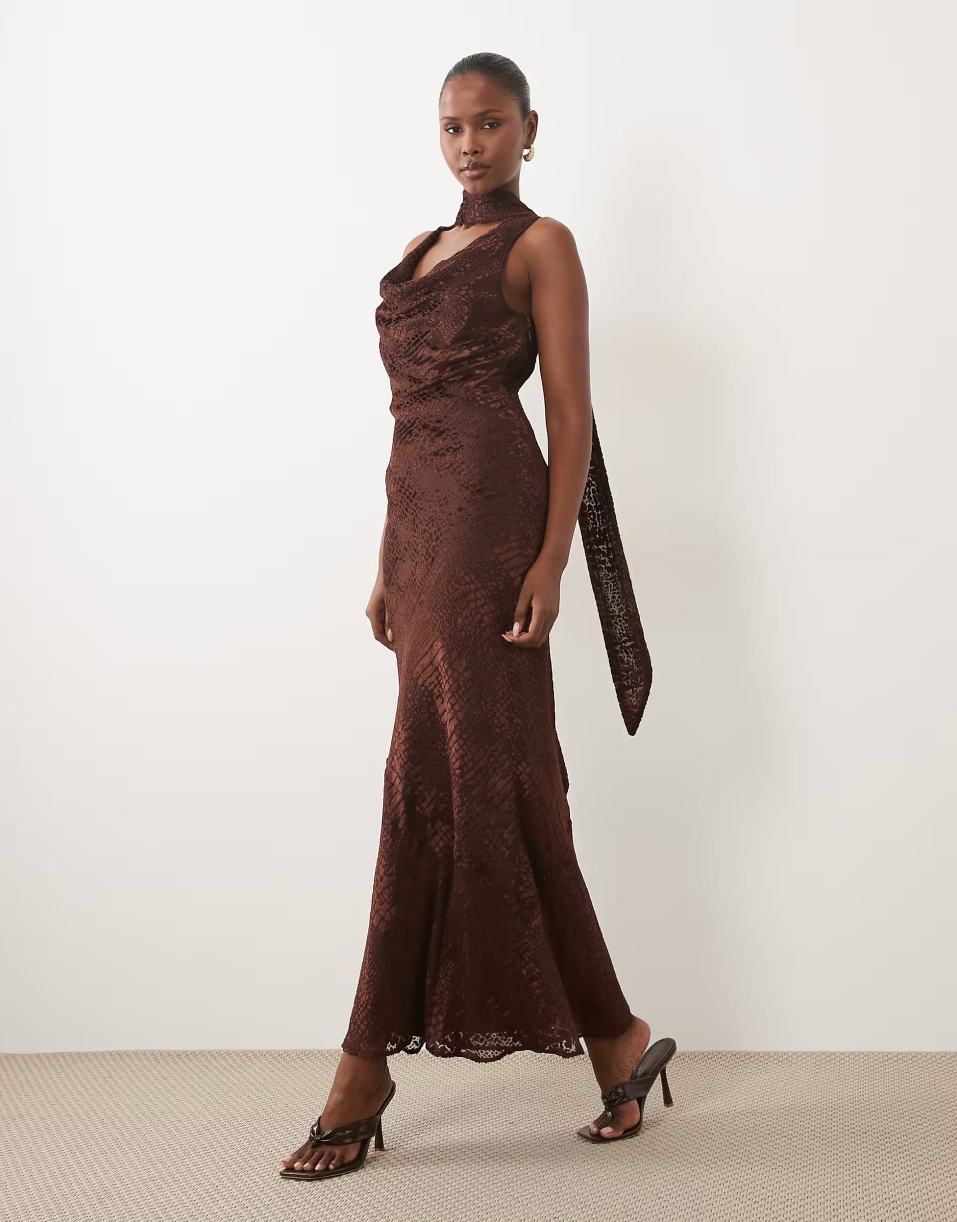 ASOS Pretty Lavish Ainsley devore cowl neck scarf detail maxi dress in brown