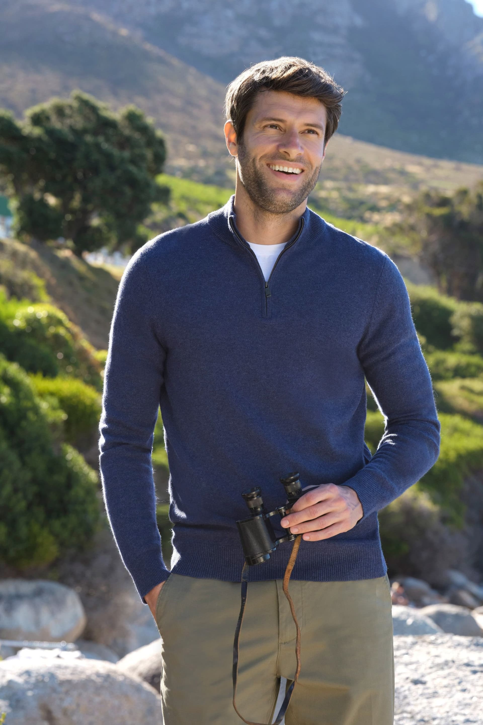 WoolOvers WoolOvers Men's Mens Cashmere & Merino Zip Neck Jumper in Blue