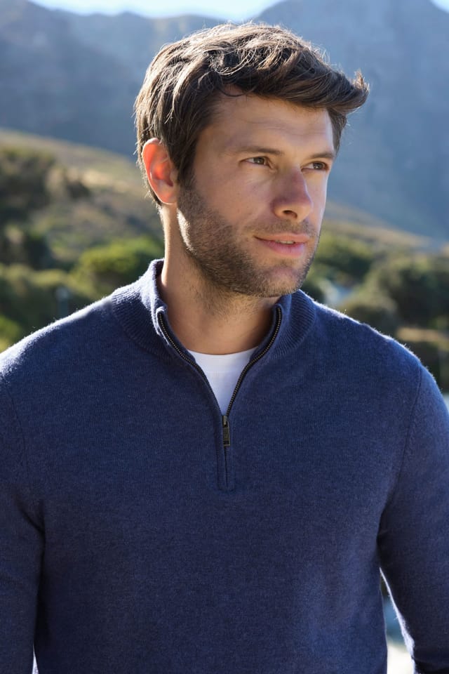 WoolOvers WoolOvers Men's Mens Cashmere & Merino Zip Neck Jumper in Blue - 2