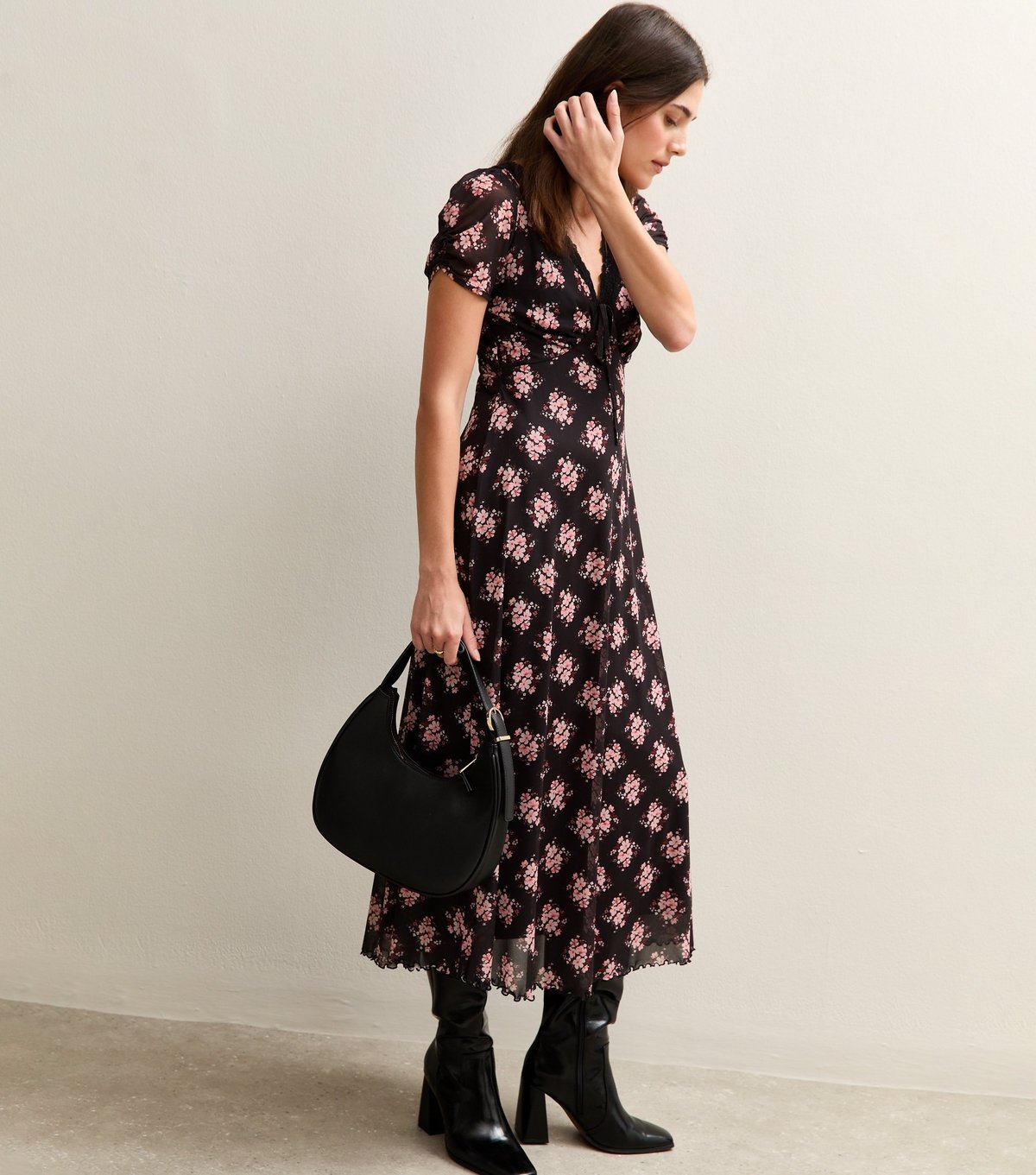 New Look Women's Black Floral Print Lace Trimmed Mesh Midi Dress New Look - 3