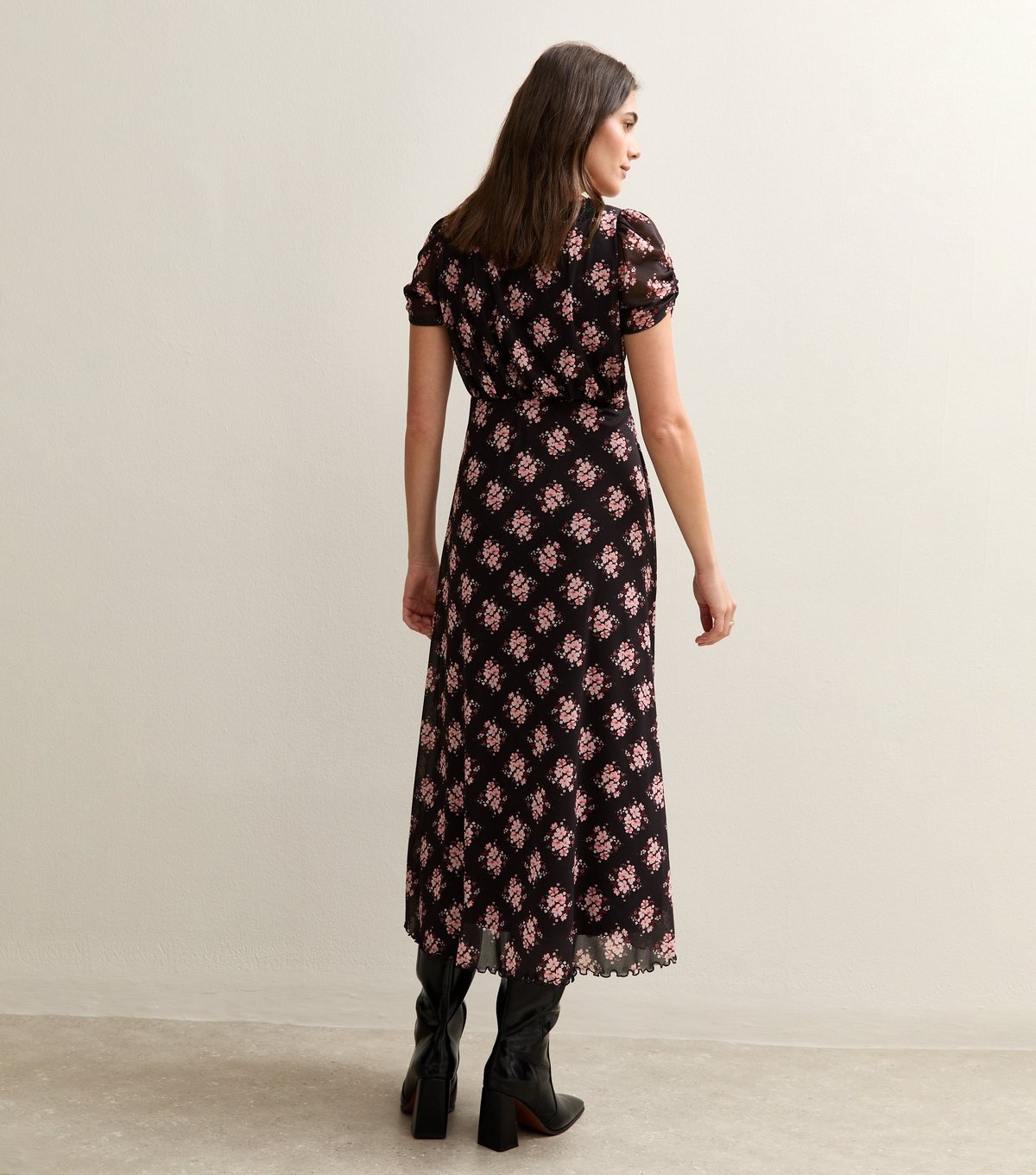 New Look Women's Black Floral Print Lace Trimmed Mesh Midi Dress New Look - 4