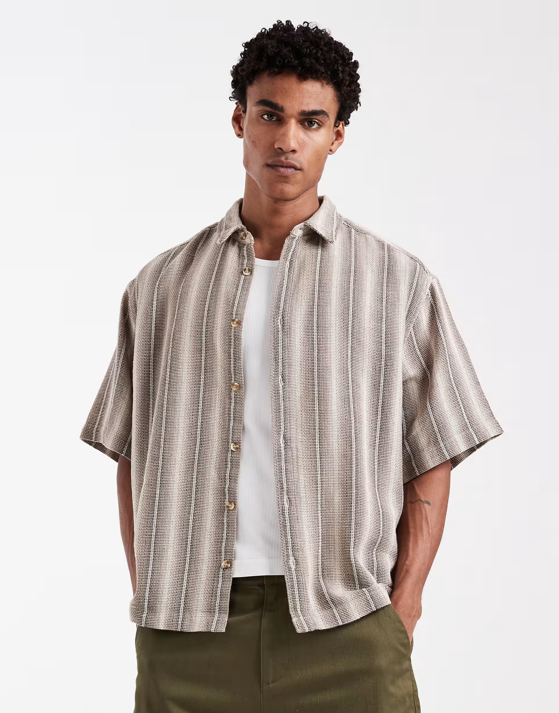 ASOS ASOS DESIGN oversized textured stripe shirt in brown - 1