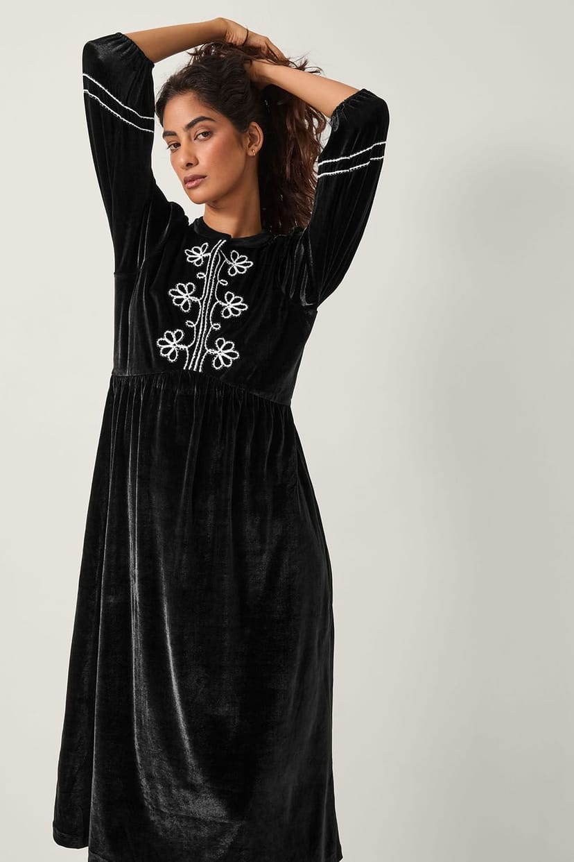 Monsoon Monsoon Women's Venus Embroidered Stretch Velvet Midi Dress Black - 1