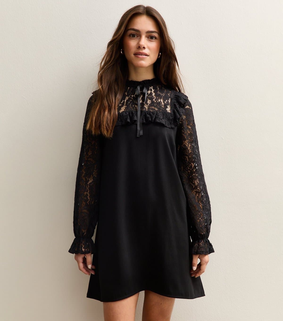 New Look Women's Petite Black Lace Detail Smock 2 in 1 Mini Dress New Look