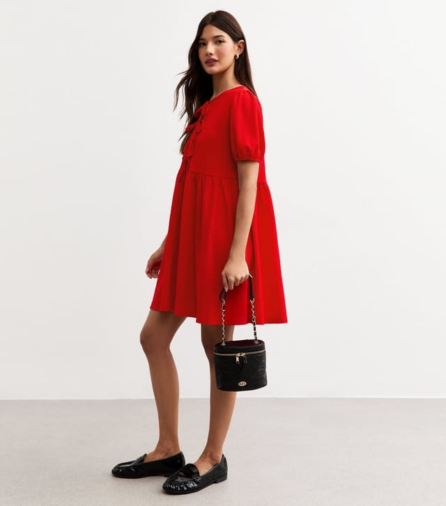 New Look Women's Red Crinkled Texture Tie Front Mini Dress New Look - 3