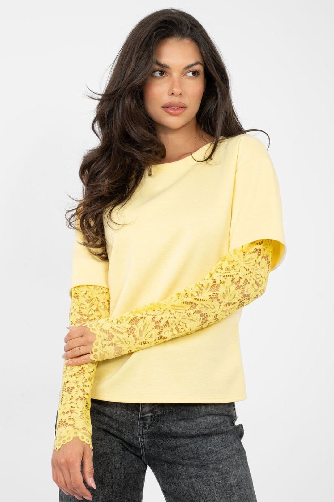 Love Lace Love Lace Women's Everyday Cotton Elastane Blouse with Lace Sleeves in Yellow