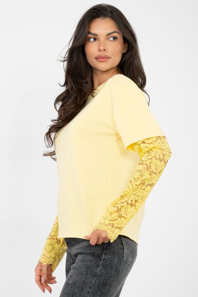 Love Lace Love Lace Women's Everyday Cotton Elastane Blouse with Lace Sleeves in Yellow - 2