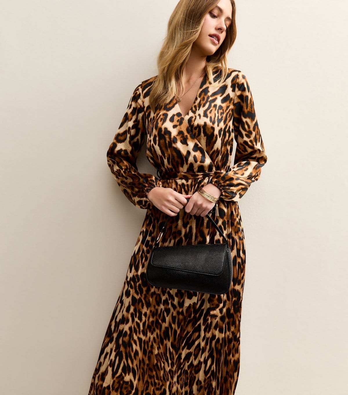 New Look Women's Brown Animal Print Satin Pleated Wrap Midi Dress New Look - 1