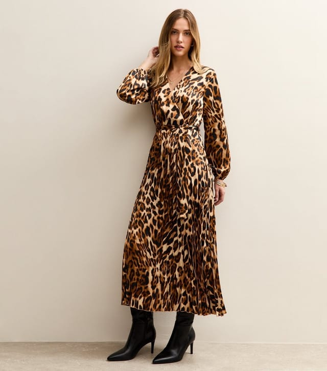 New Look Women's Brown Animal Print Satin Pleated Wrap Midi Dress New Look - 2