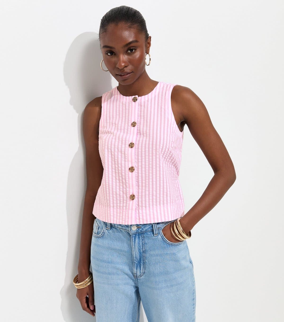 New Look Women's Pink Cotton Seersucker Stripe Button Front Sleeveless Top New Look