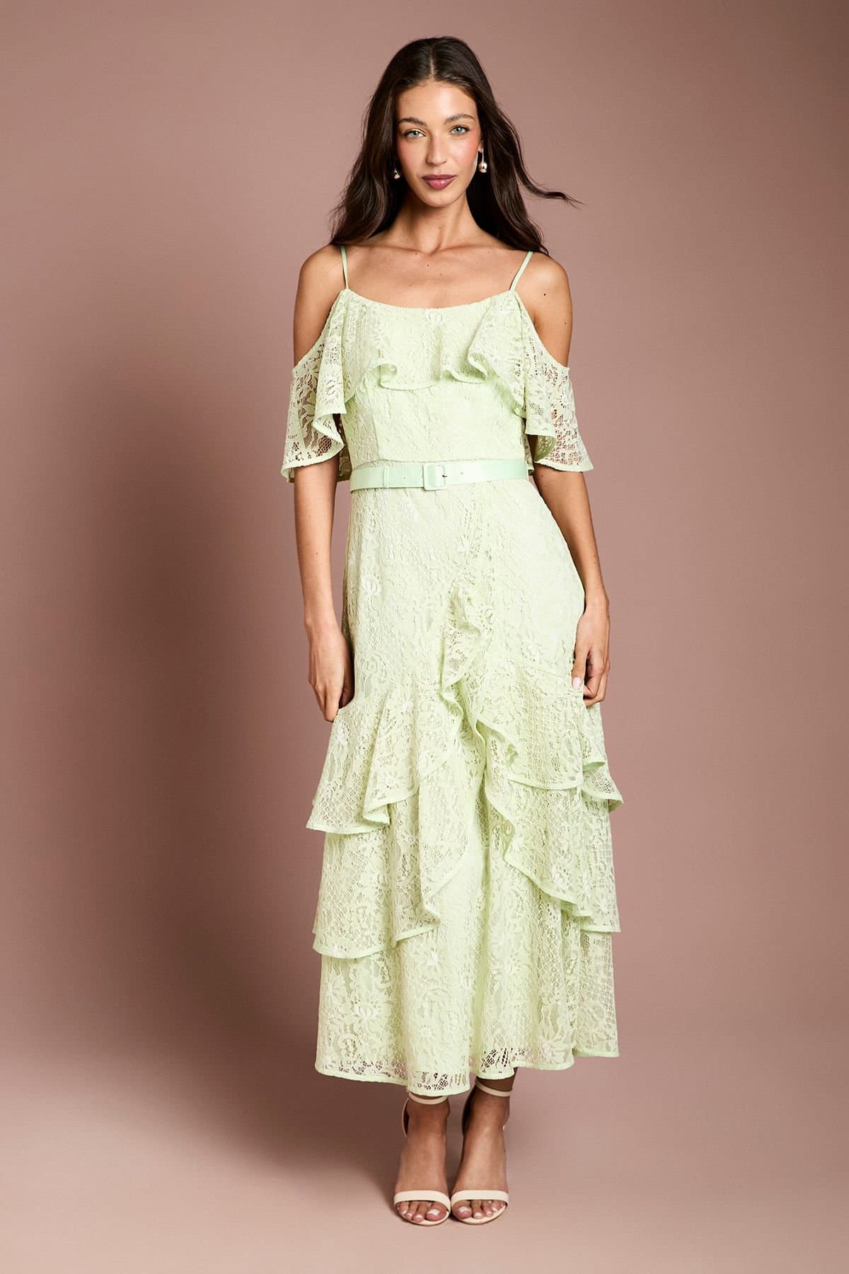 Coast Coast Women's Lace Frill Detail Strappy Belted Midi Dress in Sage