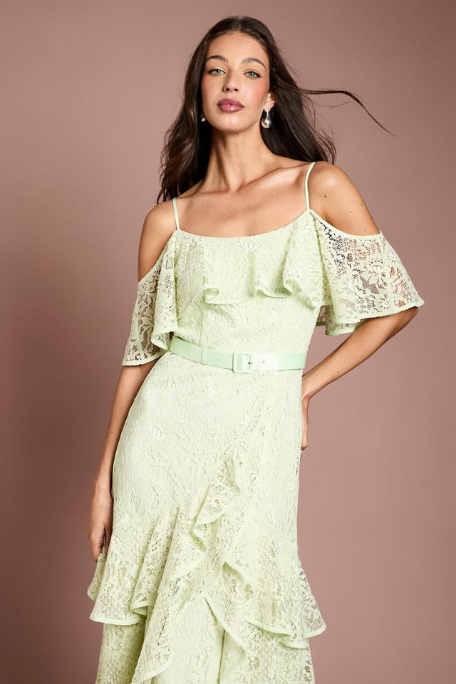 Coast Coast Women's Lace Frill Detail Strappy Belted Midi Dress in Sage - 2