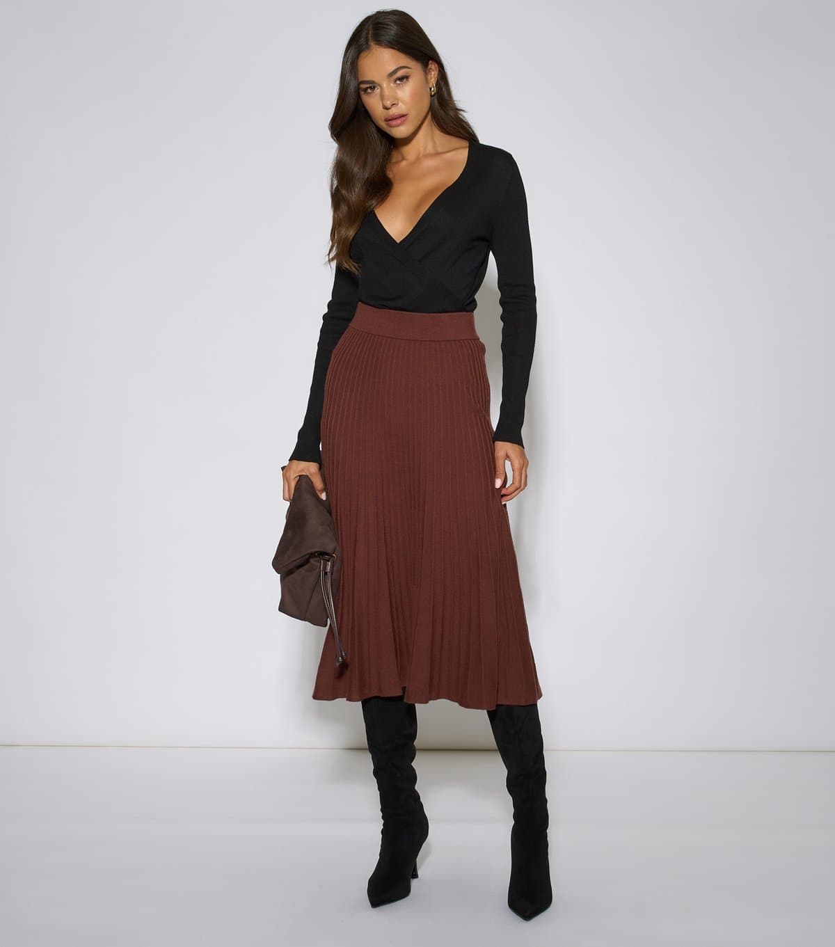 Gini London Women's Dark Brown Pleated Knit Midi Skirt Gini London New Look