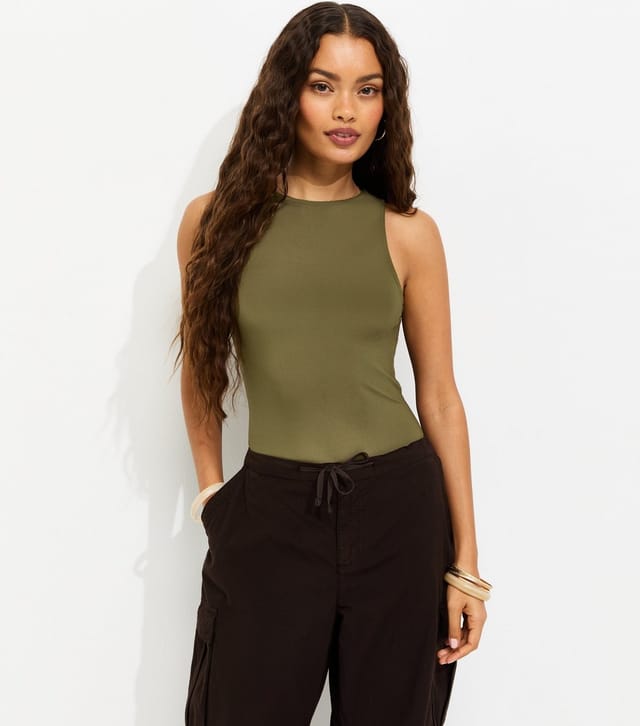 New Look Women's Petite Khaki Sleek Jersey Racer Slinky Bodysuit New Look - 2