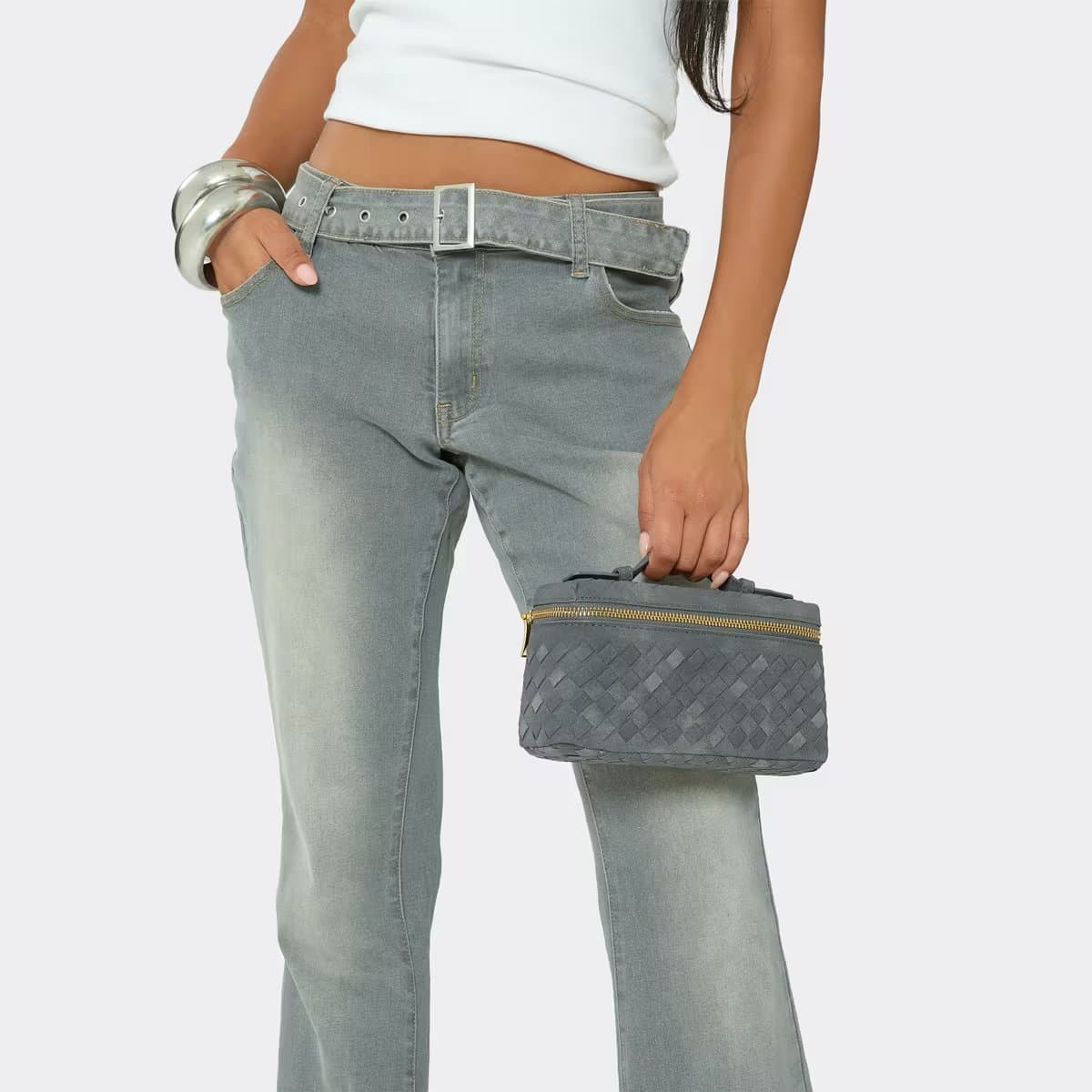 EGO Dibz Woven Detail Zipped Vanity Bag In Grey Faux Suede, Women's Size UK 0