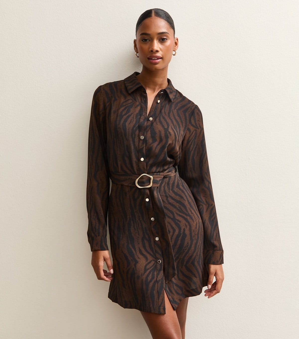 New Look Brown Tiger Print Buckle Detail Mini Shirt Dress