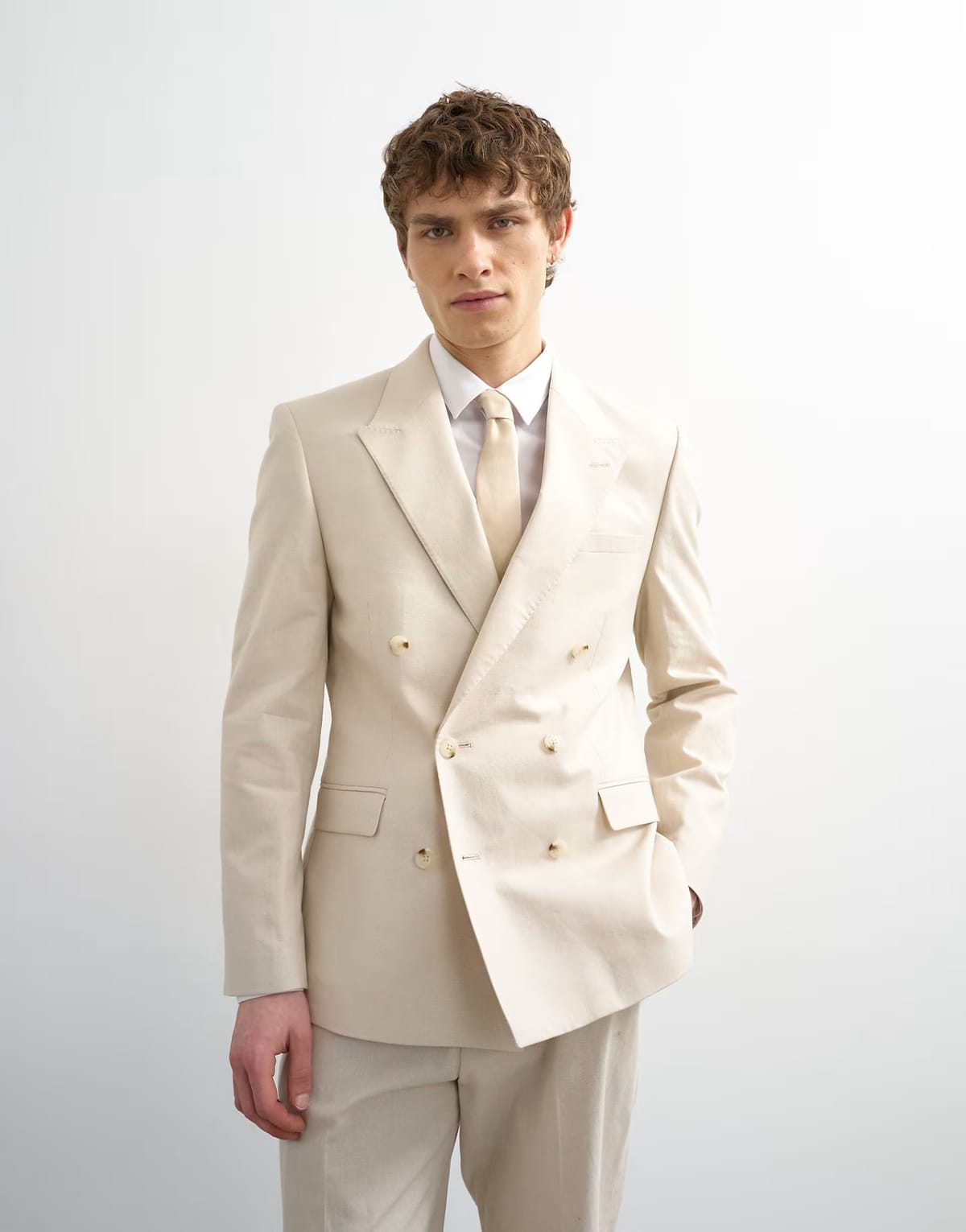ASOS Topman double breasted linen blend blazer in stone - 1