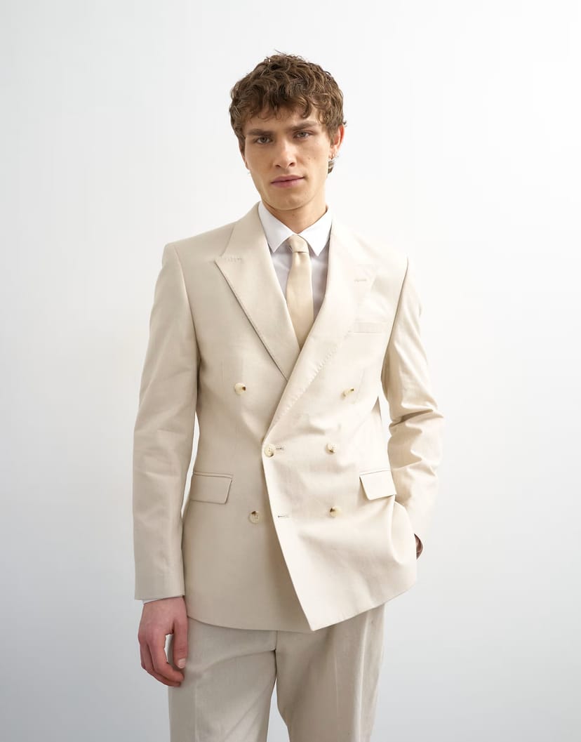 ASOS Topman double breasted linen blend blazer in stone - 1