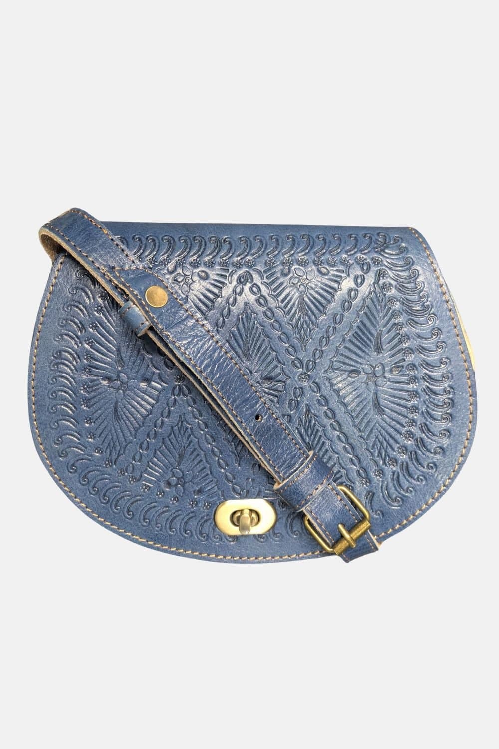 Berber Leather Berber Leather Women's 'The Temara' Embossed Leather Saddle Bag in Navy