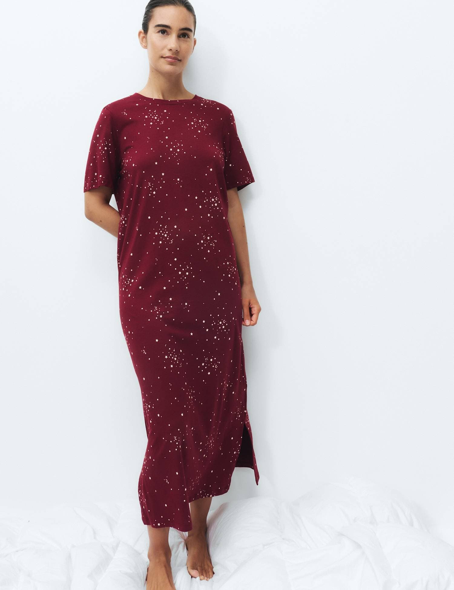 Marks & Spencer M&S Cotton Modal Printed Long Nightdress Claret