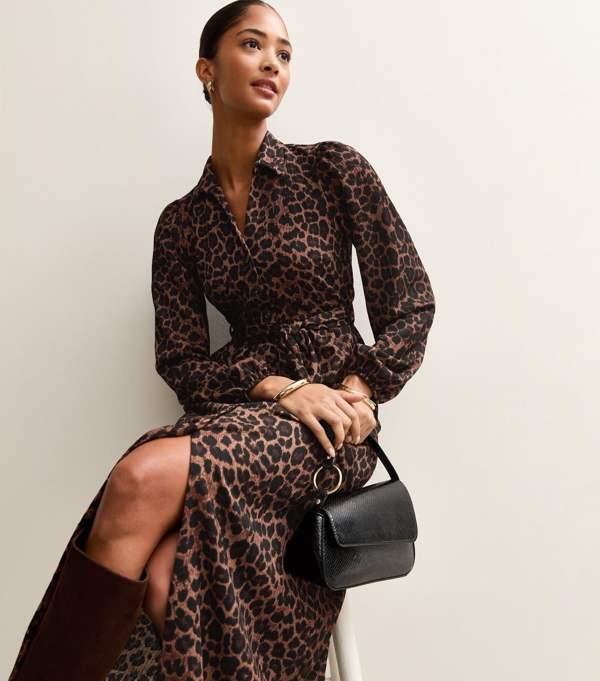 New Look Women's Brown Crinkled Leopard Print Shirt Dress New Look