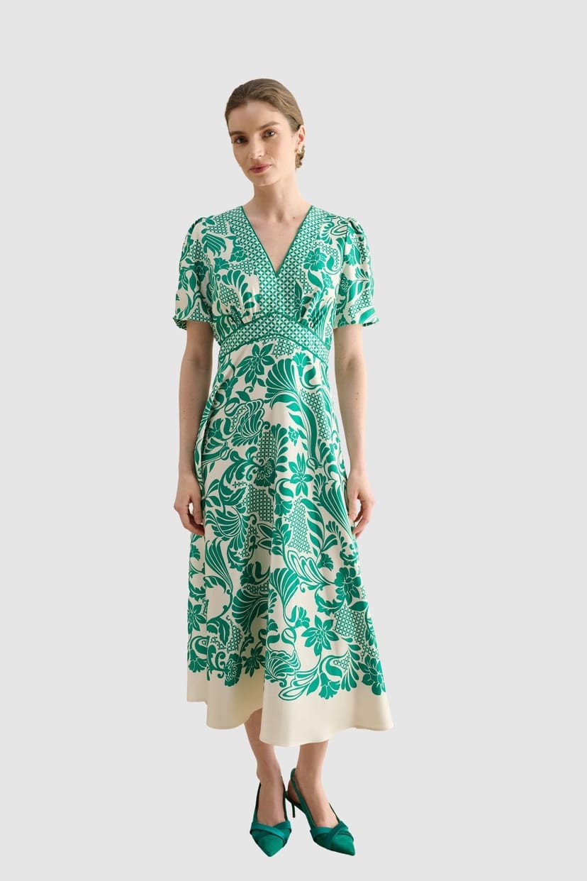 Hobbs London Hobbs London Women's Trelissick V-Neck Fit Flare Dress in Emerald - 1