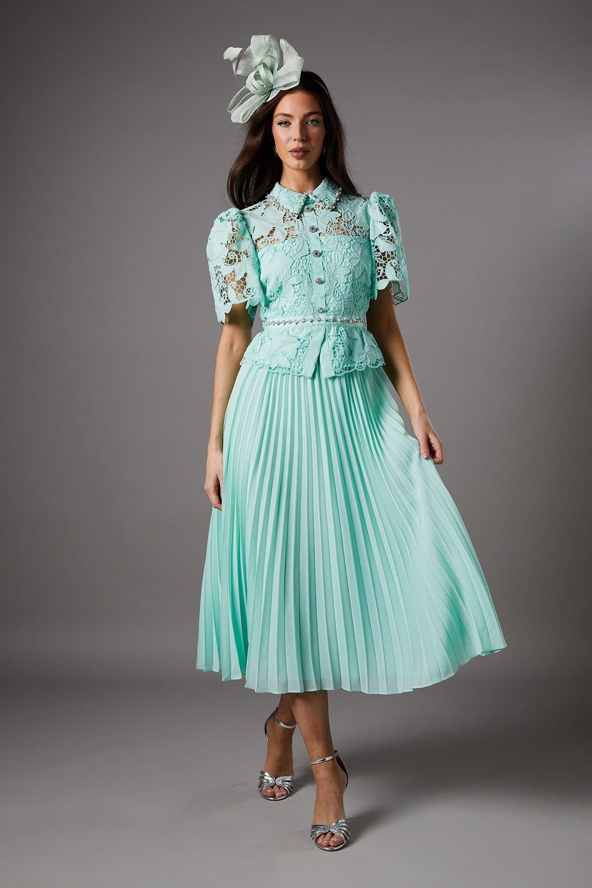 Coast Coast Women's Lace Top Pleat Skirt Jewel Button Dress in Sage
