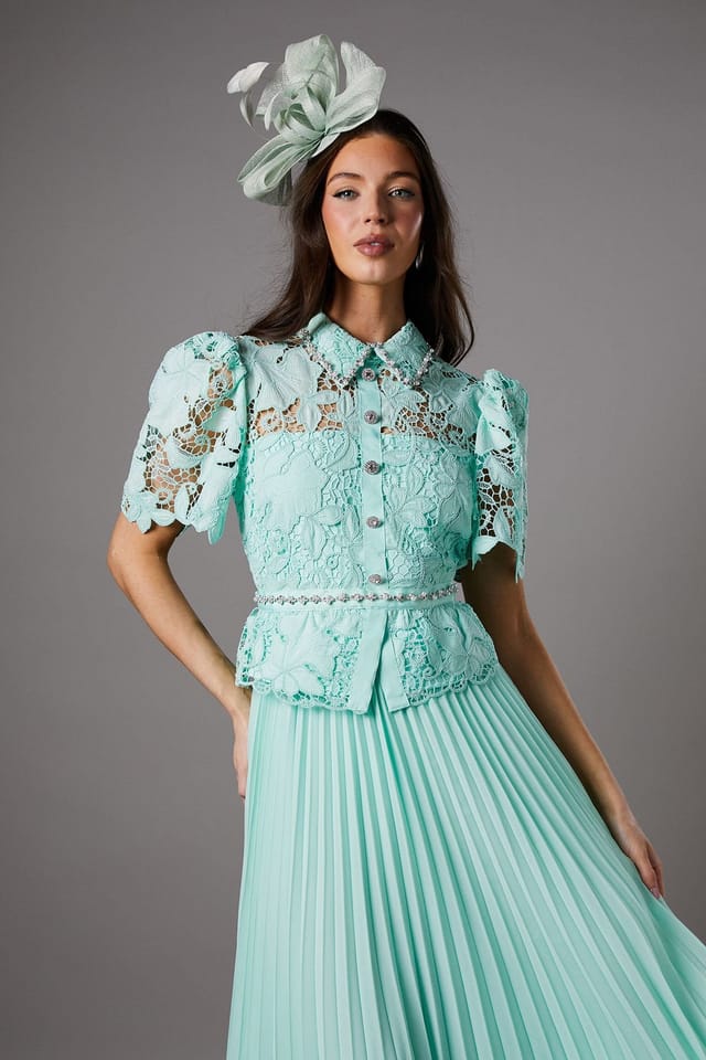 Coast Coast Women's Lace Top Pleat Skirt Jewel Button Dress in Sage - 2