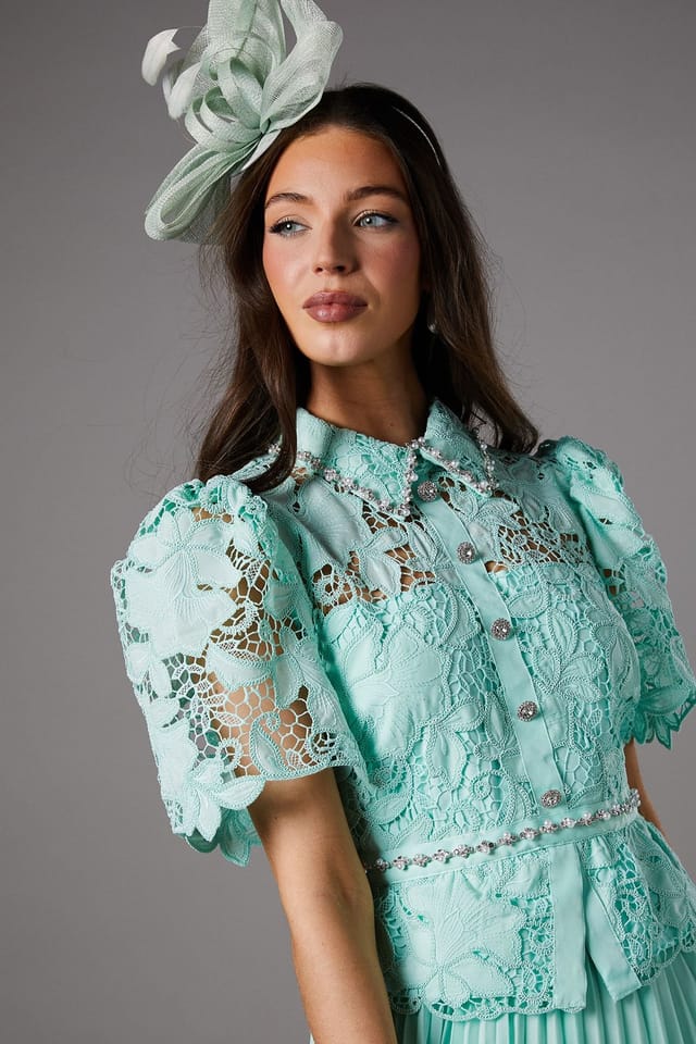 Coast Coast Women's Lace Top Pleat Skirt Jewel Button Dress in Sage - 3