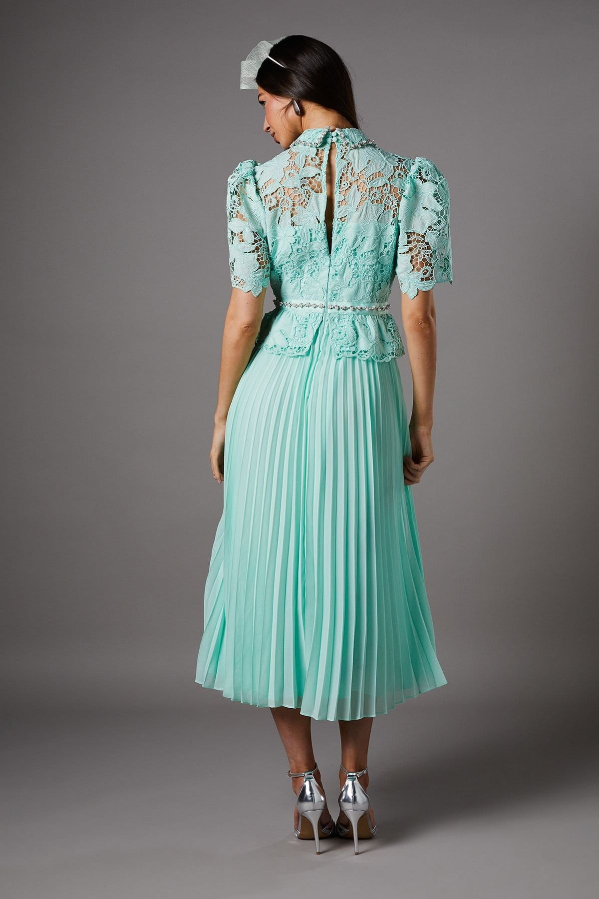 Coast Coast Women's Lace Top Pleat Skirt Jewel Button Dress in Sage - 4