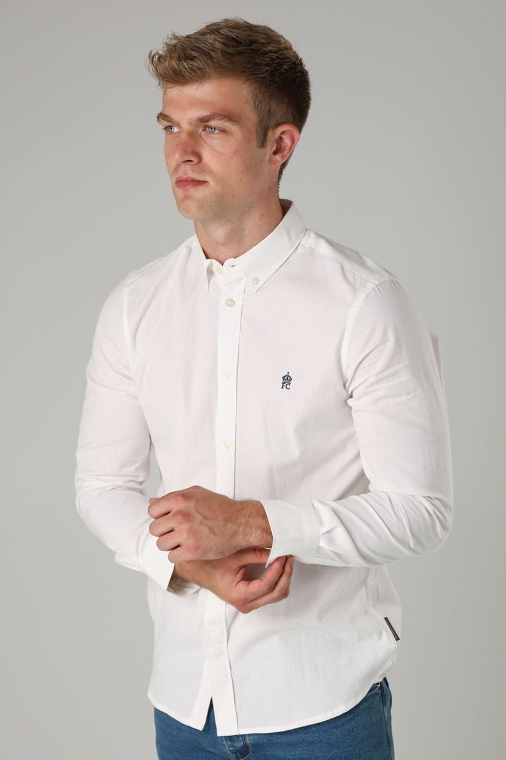 French Connection French Connection Men's Cotton Long Sleeve Oxford Shirt in White - 1
