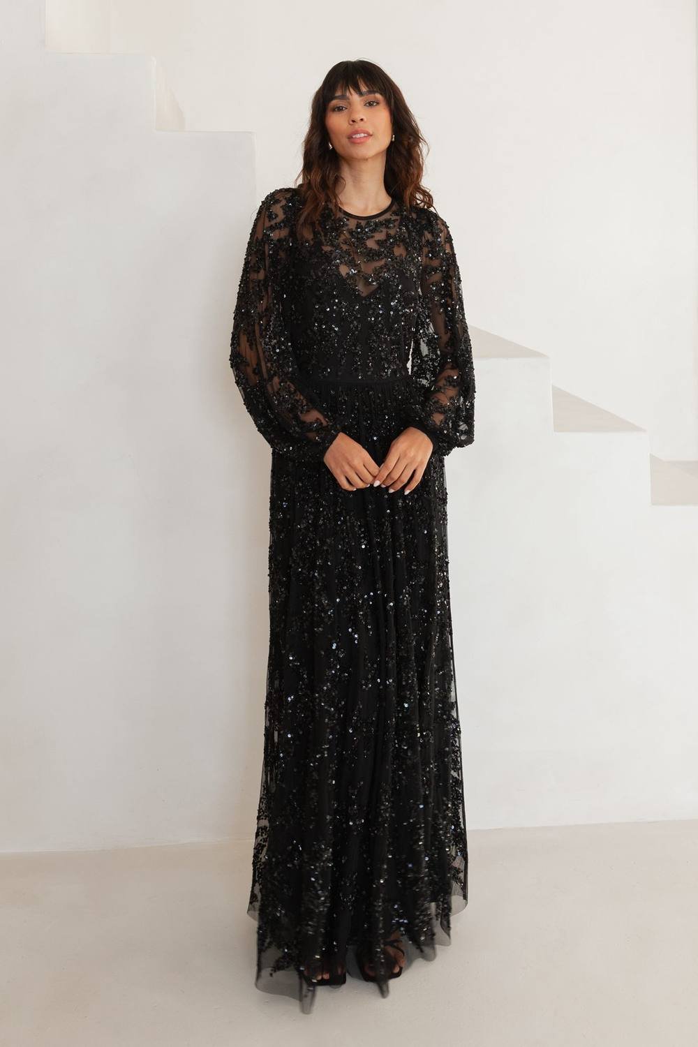 Maya Deluxe Maya Deluxe Women's Embellished Long Sleeve Round Neck Maxi Dress in Black - 2