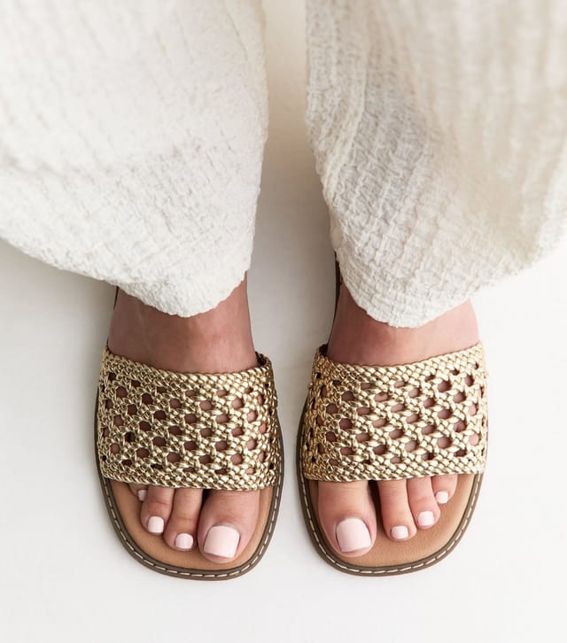 New Look Women's Wide Fit Gold Faux Leather Woven Strap Mule Sandals Vegan New Look - 2