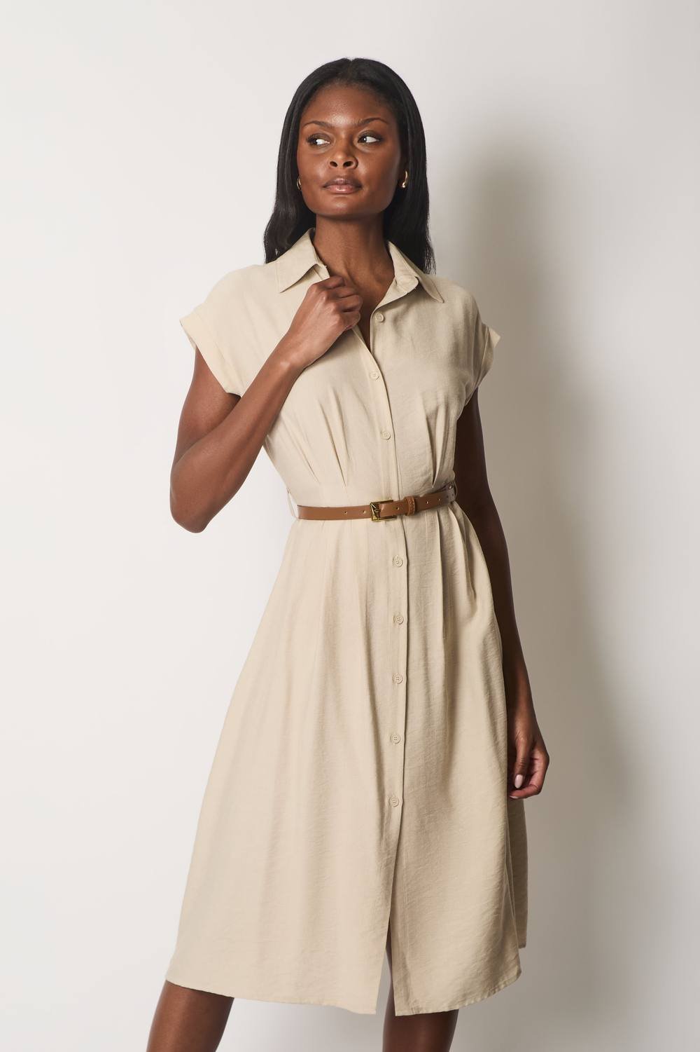 SOLO SOLO Women's Button-Down Midi Shirt Dress in Stone - 2