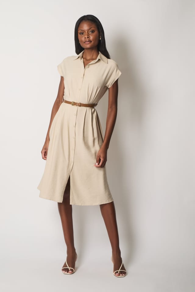 SOLO SOLO Women's Button-Down Midi Shirt Dress in Stone - 2