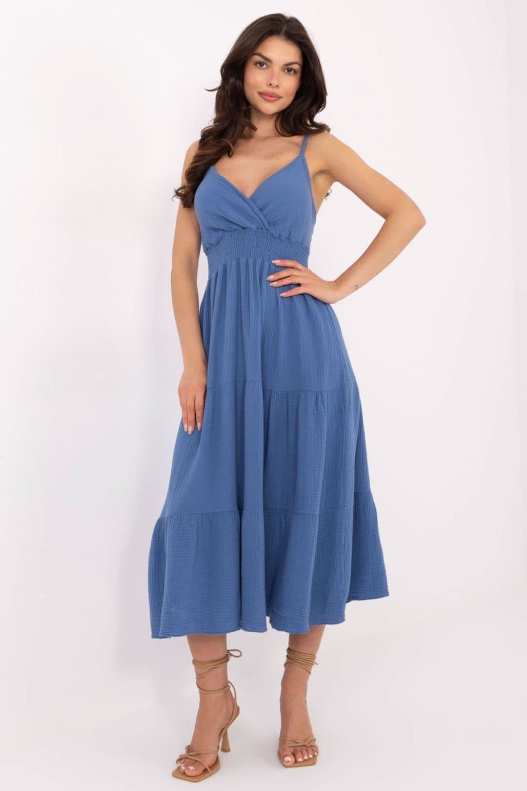 Love Lace Love Lace Women's Breathable Muslin Summer Midi Dress with Frill in Blue