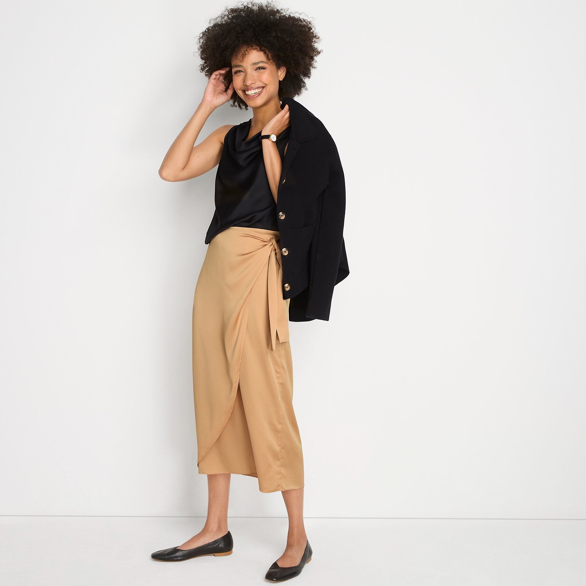 lands end Lands' End Women's Petite Satin Wrap Midi Skirt in Light Brown - 2