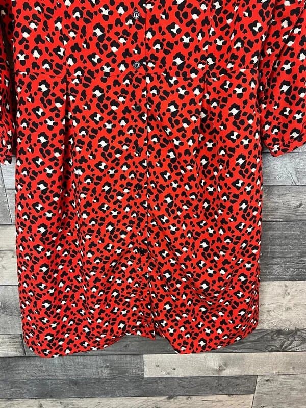 Joanie Joanie Corey Leopard Dress UK 12 Red Animal Print Button Up Ruffle Collar Tea