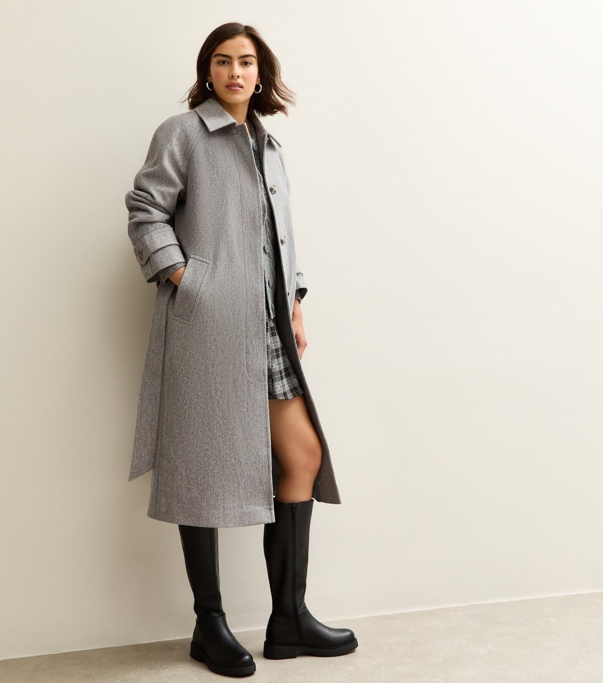 New Look Women's Grey Button Front Belted Midi Coat New Look
