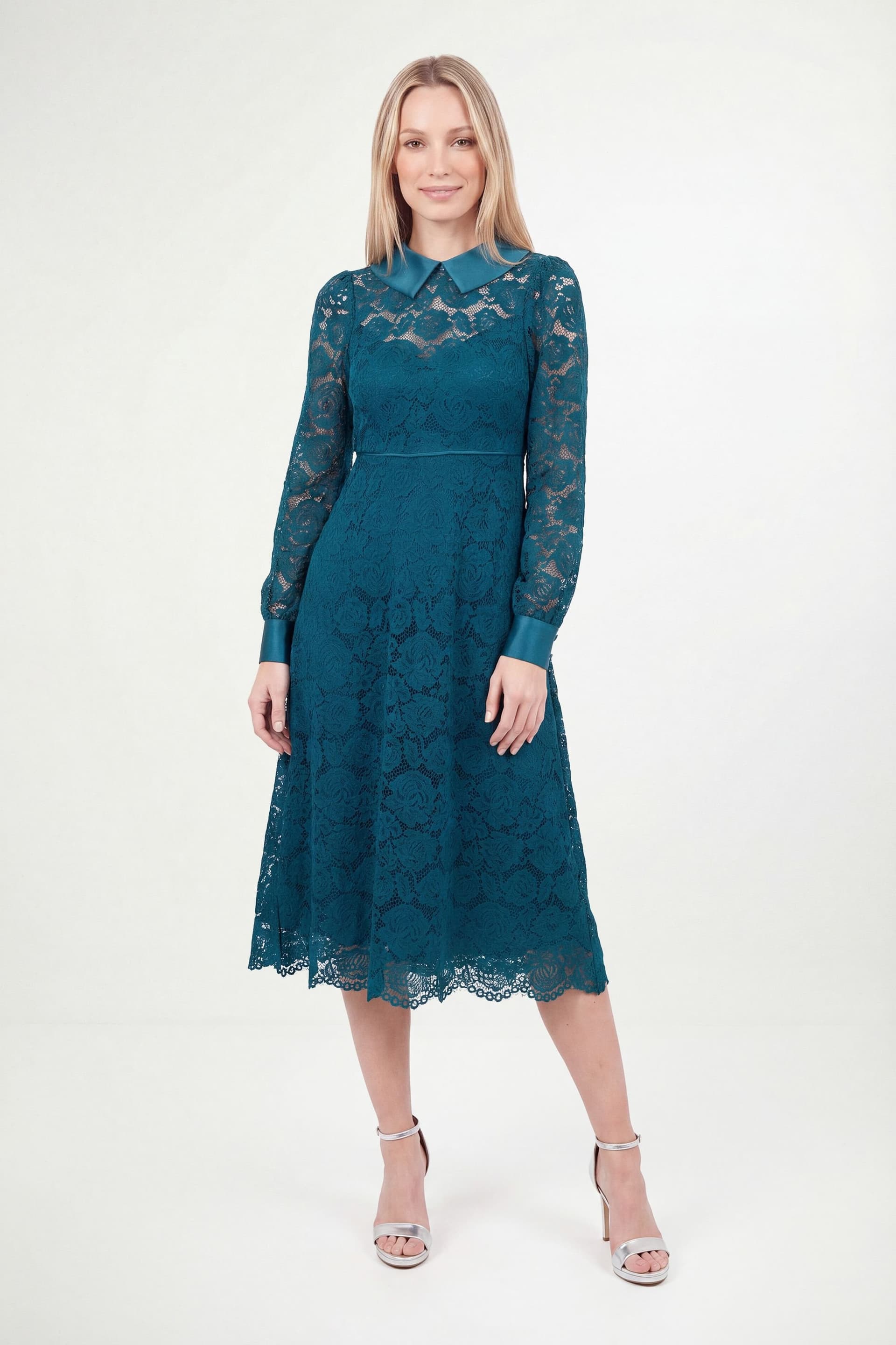 Wallis Wallis Women's Petite Lace Collar Midi Dress in Teal