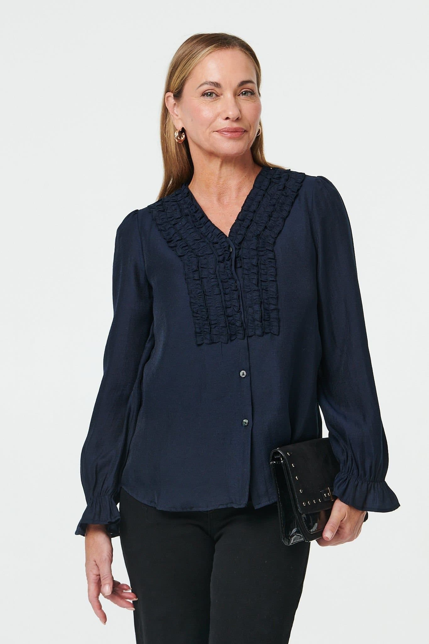 Izabel London Izabel London Women's Long Sleeve Frilled Trim V-Neck Blouse in Navy