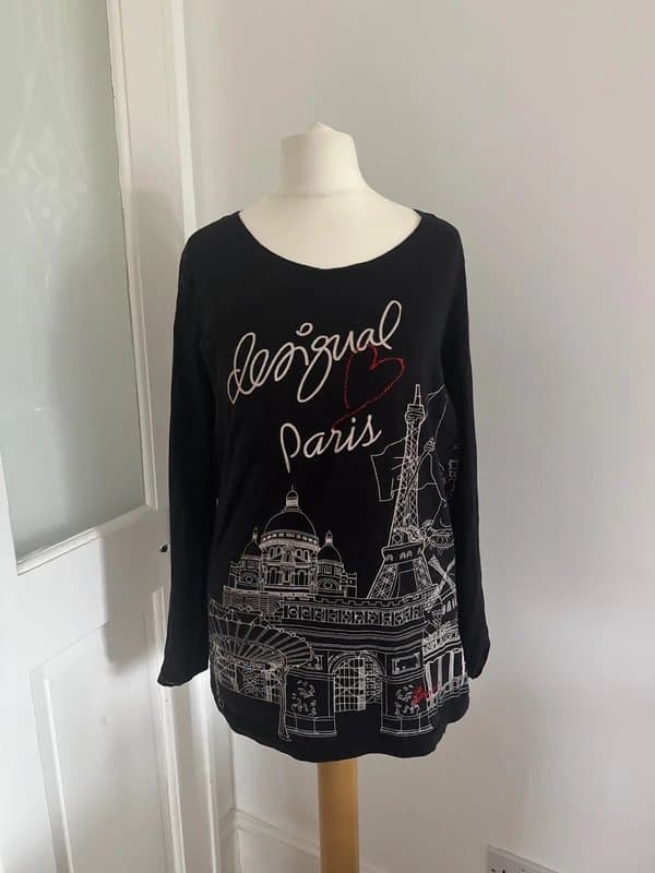 Desigual Desigual Paris Graphic Long Sleeve Top Black Landmark Print Best Fit UK 10