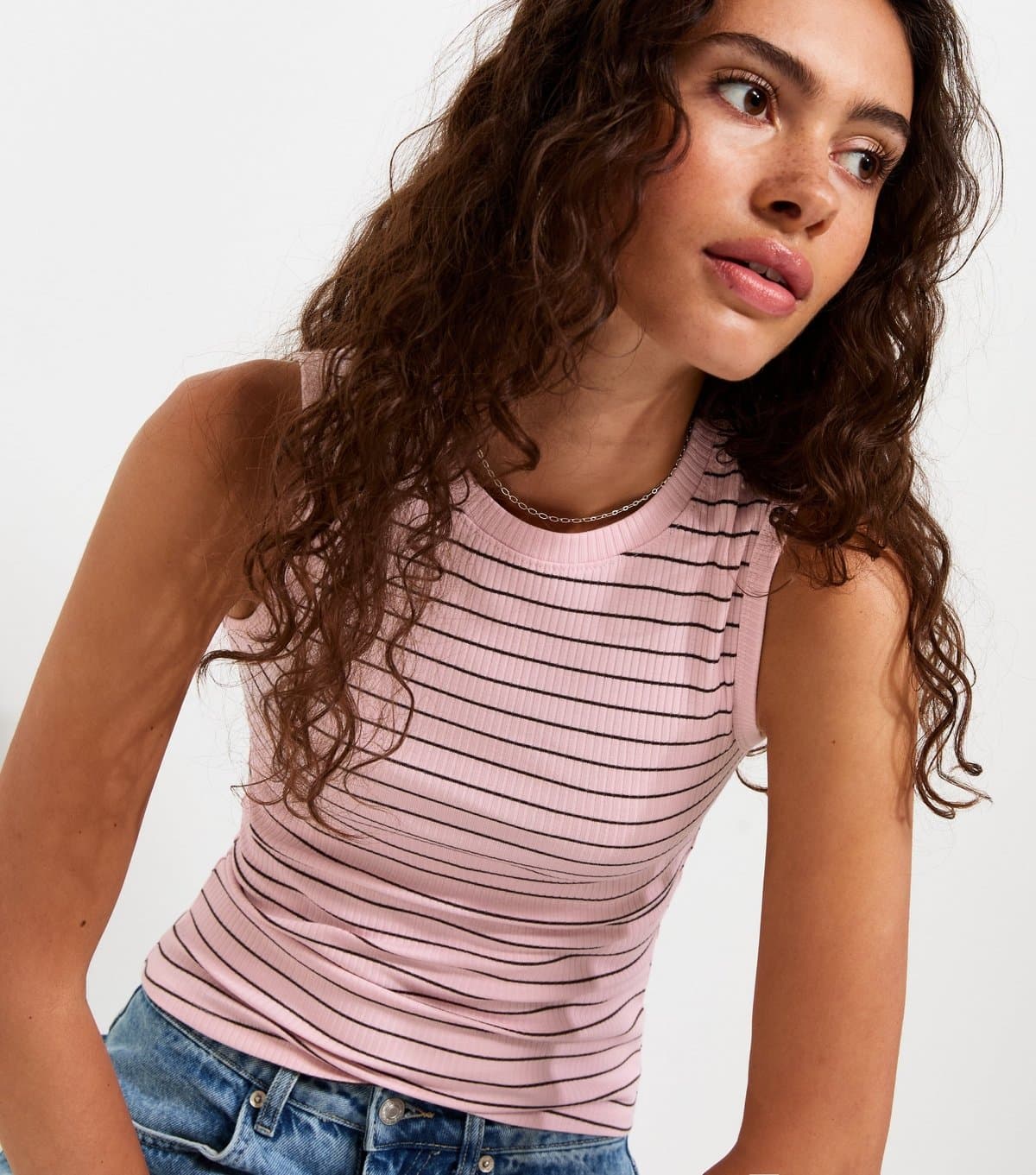 New Look New Look Pink Striped Ribbed Crew Neck Tank Top