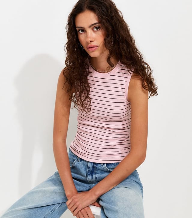New Look Women's Pink Striped Ribbed Crew Neck Tank Top New Look - 2