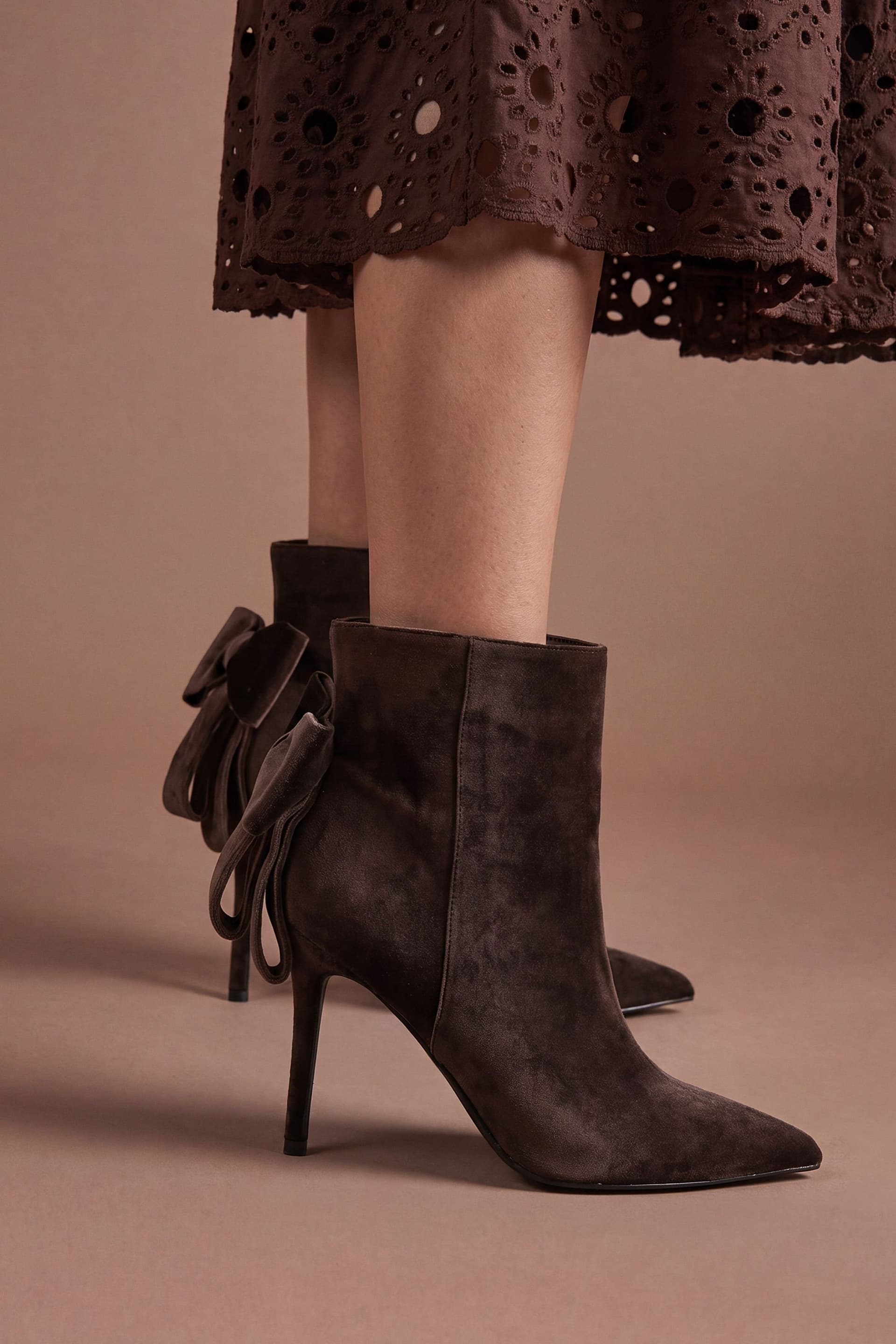 Coast Coast Women's Camilla Velvet Bow Back Stiletto High Heeled Ankle Boots in Chocolate