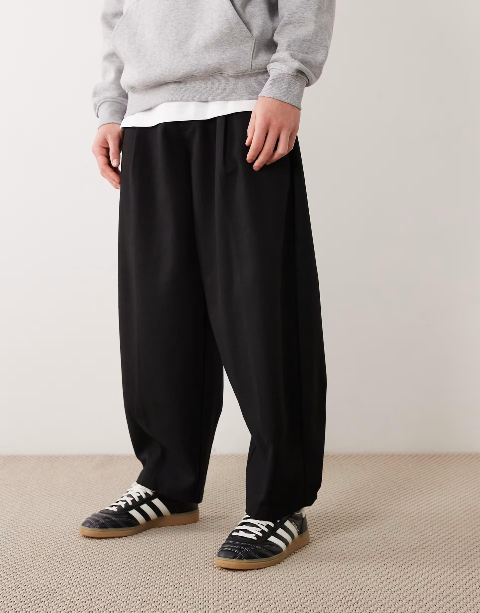 ASOS ASOS DESIGN smart pleated wide barrel leg trousers with wool in black herringbone