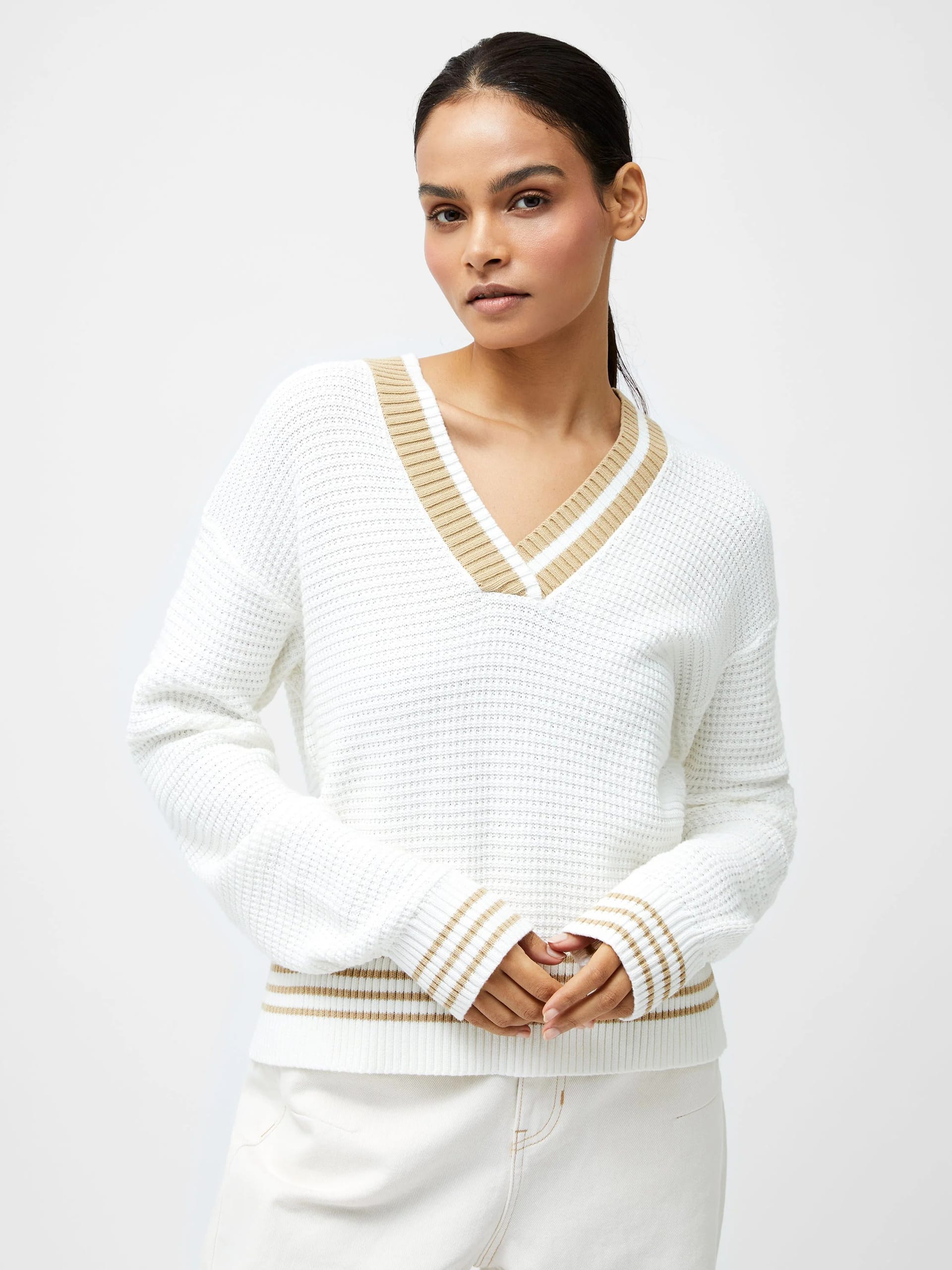 French Connection White/Sand V-Neck Jumper