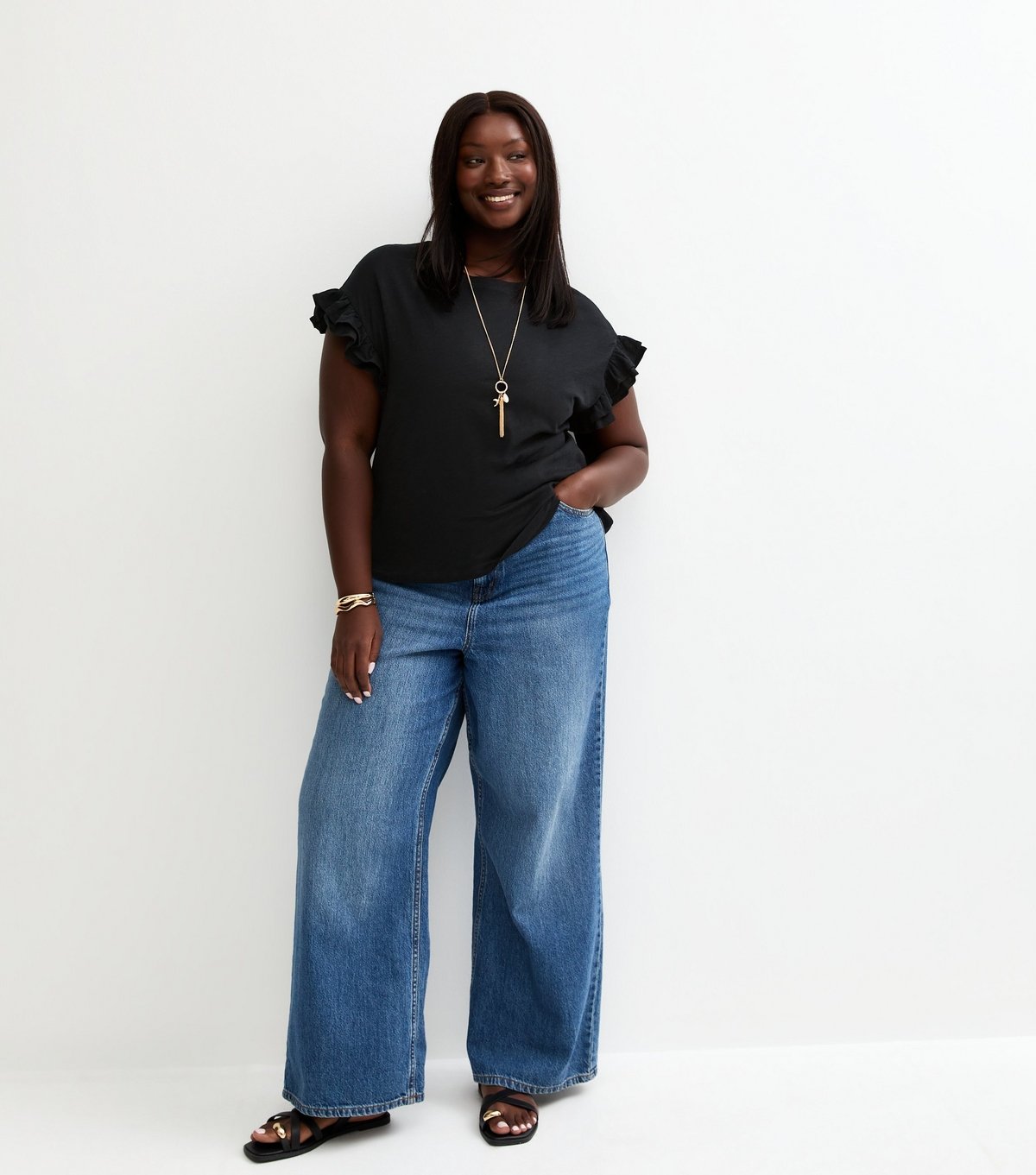 New Look Women's Plus Size Black Frill Sleeve Slub Top Curves New Look - 3