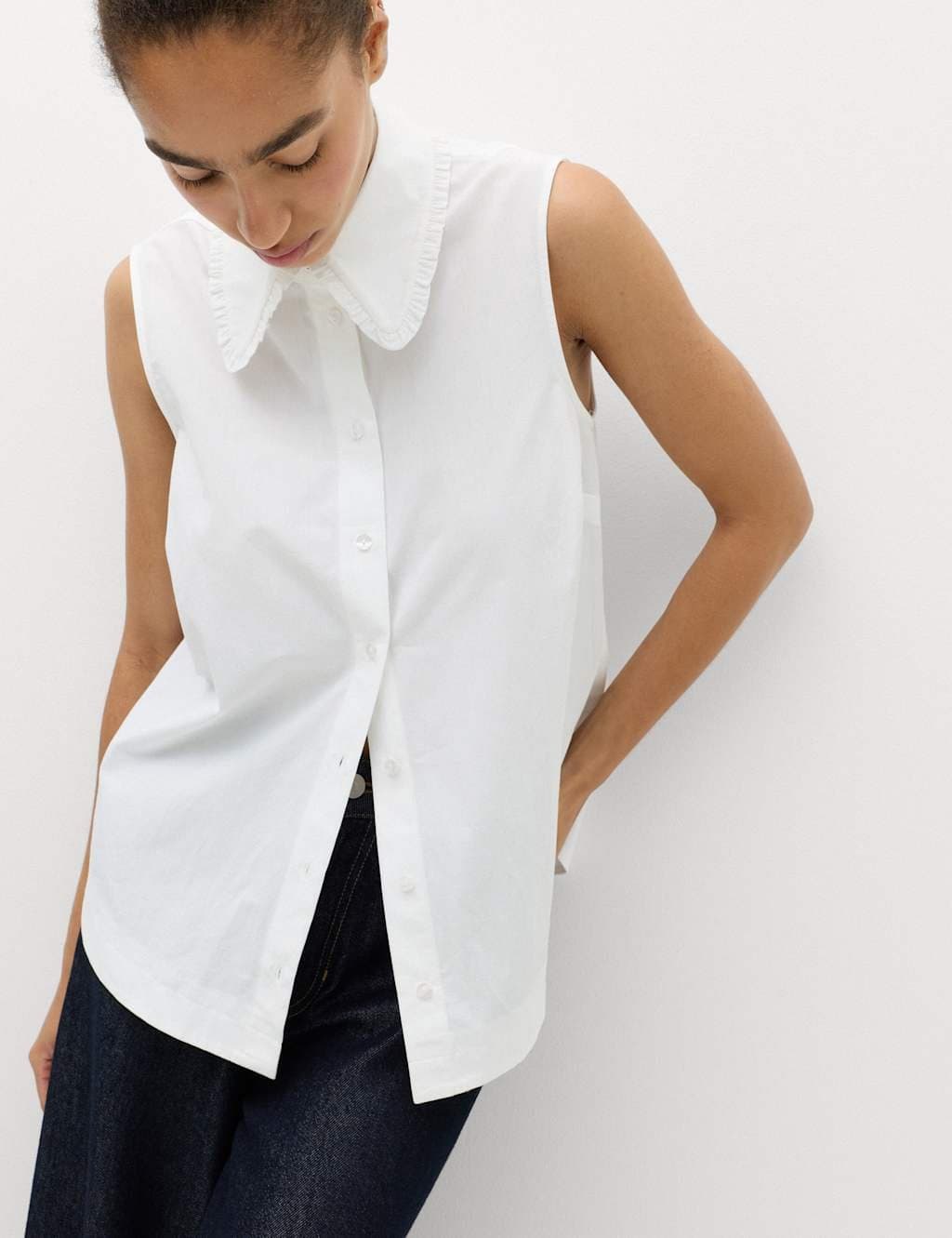 Marks & Spencer M&S Ivory Cotton Sleeveless Frill Collar Shirt